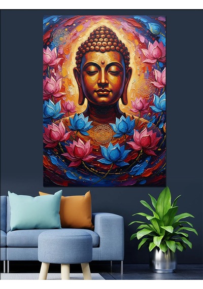 Ahşap Tablo Renkli Lotus Çiçekleri Ve Buda Heykeli Meditasyon Işık