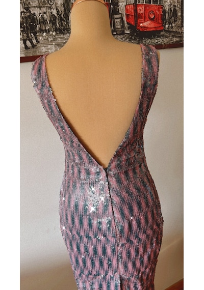 Chica Rosa Fashion Renkli Pullu V Yaka Midi Elbise Pembe - Siyah