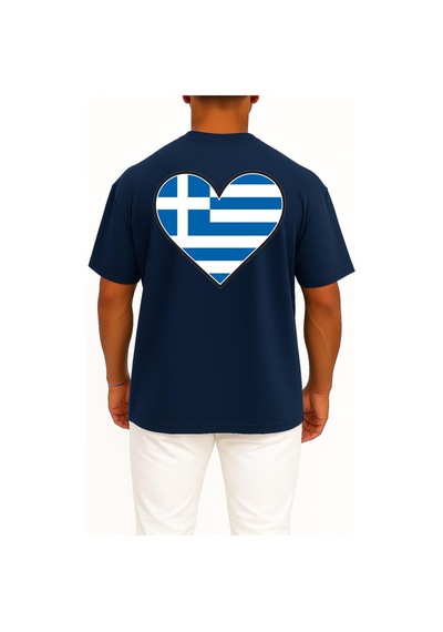 Bahriyeli Collection Oversize Flag Of Greece Graphy, Greece Cep Ve Sırt Tasarımlı Unisex T-shirt Lacivert