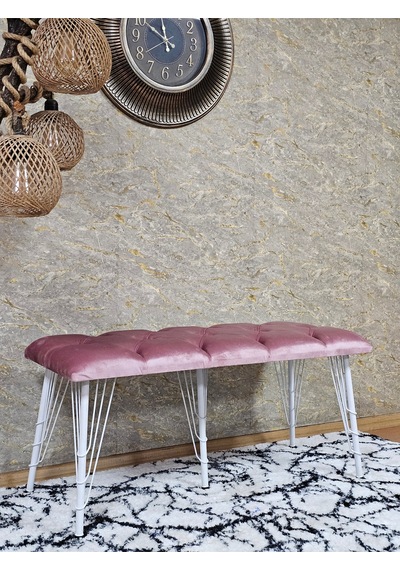 Zafir Metal Beyaz Tel Ayaklı 100 Cm Puf Bench - Puf - Bench - Oturak - Mutfak Oturağı - Antre Oturağı Pembe