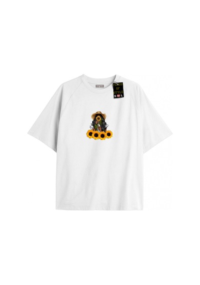 Tarzsokak Beyaz Oversize T-shirt Ay Çiçeği Özel Tasarım