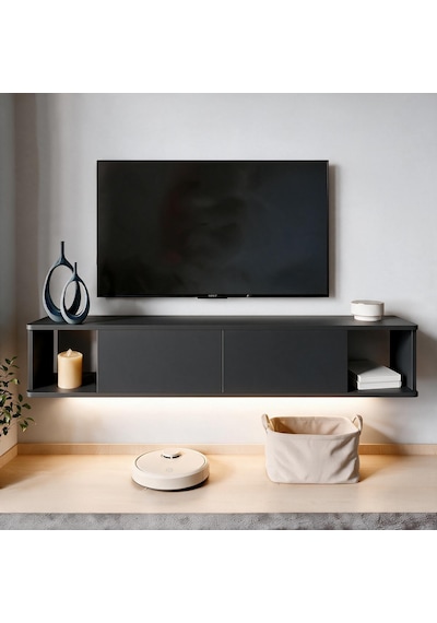 İnarch Dizayn Twist Led Işıklı Duvara Monte Tv Sehpası - 2 Kapaklı Antrasit
