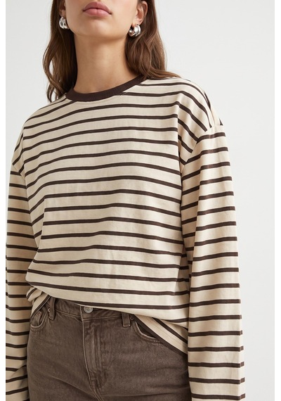 Mixray 2236 Çizgili Bisiklet Yaka Uzun Kol Oversize Sweatshirt Kahve