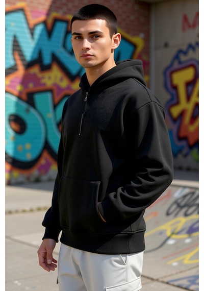 Benerly Erkek Kapüşonlu Fermuarlı Düşük Kol Uzun Kollu Kalıp Sweatshirt F siyah