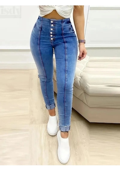 Valensdesign Kadın Yüksek Bel Önden Düğmeli Jean Pantolon Lacivert