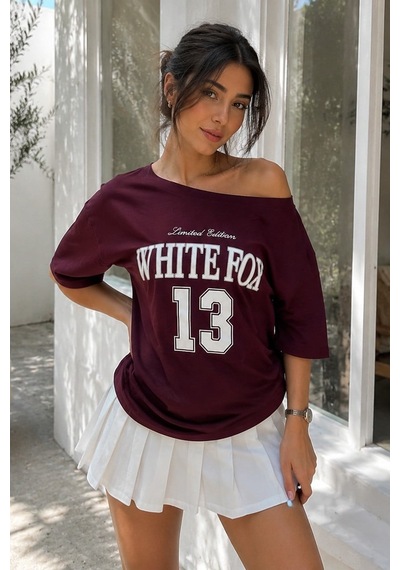 Bordo Kayık Yaka Oversize Baskılı Tişört Mg2824