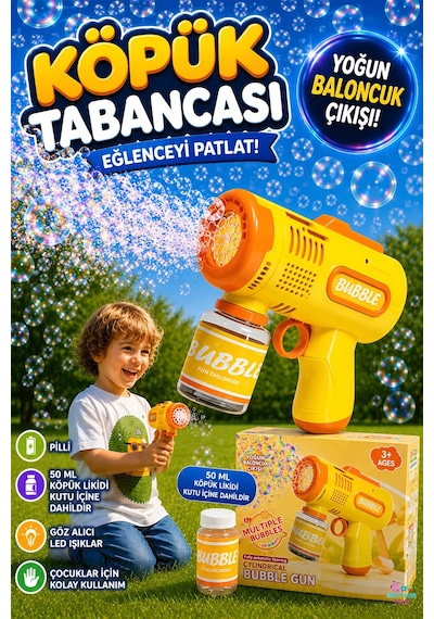 Pilli Işıklı Köpük Tabancası Baloncuk Tabancası Baloncuk Likidi Hediyeli
