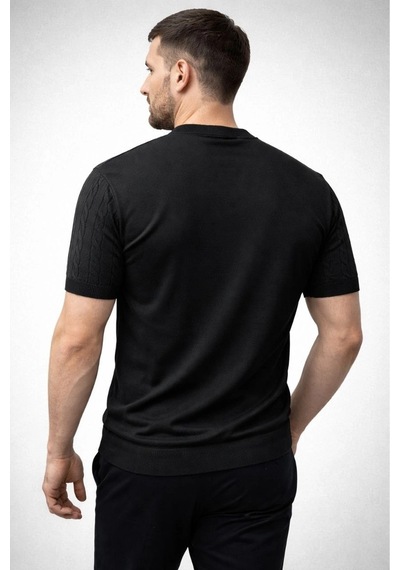 Erkek Yazlık Triko Dokuma Tişört Kısa Kol Bisiklet Yaka Örgü Desenli T-shirt - Siyah