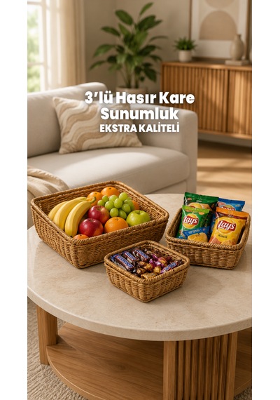 3'lü Kare Hasır Sunumluk Sepet Badya Leğen Tabak Kase - Masaüstü Organizer Rattan Sunum Meyvelik - Ekstra Kaliteli Çelik Rattan 26 X 26