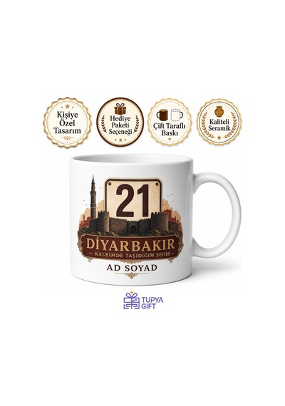 Plakalı Diyarbakır Temalı Baskılı Kupa Bardak Hediye Porselen Mug Beyaz / Çok Renkli