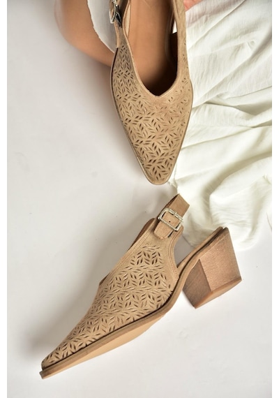 Fox Shoes Y654300402 Bej Hakiki Deri Süet Klın Topuklu Kadın Ayakkabı Bej