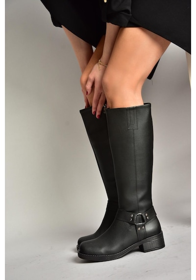 Fox Shoes T404550009 Siyah Alçak Topuklu Kadın Çizme Siyah-Suni Deri