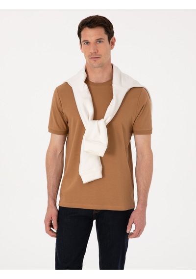 Kahverengi Regular Fit %100 Pamuk Bisiklet Yaka Basic T-shirt HARDAL