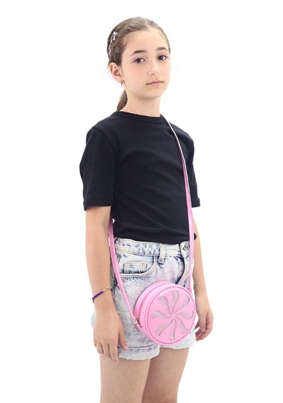 İcone Bag Yuvarlak Kız Çocuk Çantası Simli Suni Kız Çocuk Çantası Pembe