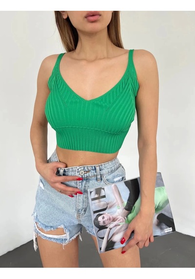 Saklımoda V Yaka Askılı Crop Triko Büstiyer Yeşil - Df2202 Çok Renkli