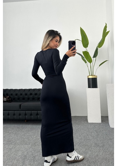 Winmoda34 Trend Kadın Siyah Hailey Uzun Kollu Maxi Elbise Siyah