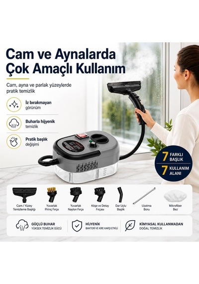 7 Başlıklı Çok Amaçlı Buharlı Temizleyici Şeffaf Su Hazneli Koltuk, Cam, Fayans Ve Zemin Temizleme Makinesi