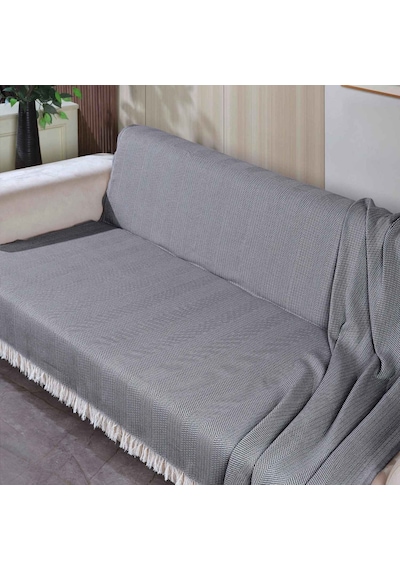 170 210 Cm Pamuklu Önden Saçaklı 170x210 Koltuk Örtüsü 2'li Paket Antrasit