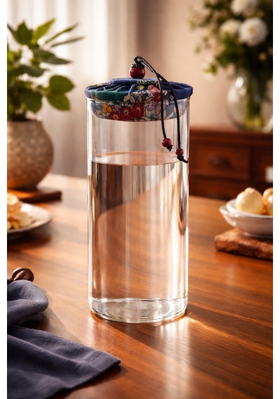 Makri Home 1000 Ml Borosilikat Cam Hava Geçirmez Lacivert Kumaş Kaplama Bambu Kapaklı Kavanoz,çap:8 Cm, H:25 Cm Lacivert