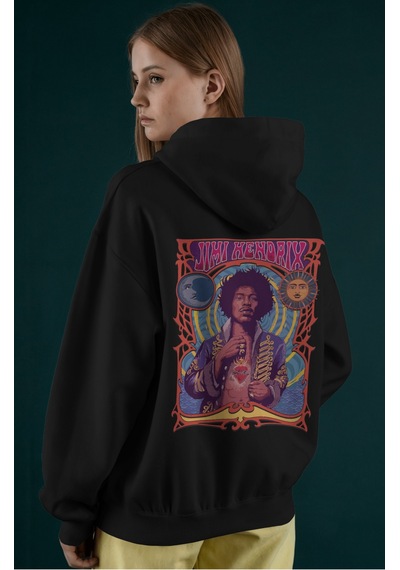 Sevbano Jimi Hendrix Efsane Şarkıcı Sırt Baskılı Unisex Oversize Penye Ho Siyah