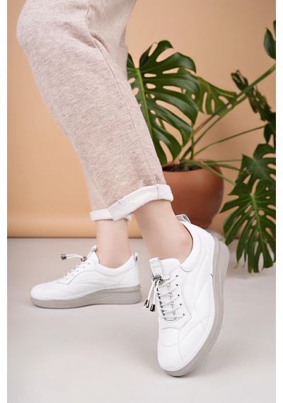 Nesilshoes Modessa 123 Beyaz Bağcıklı Hakiki Soft Deri Kadın Ayakkabı