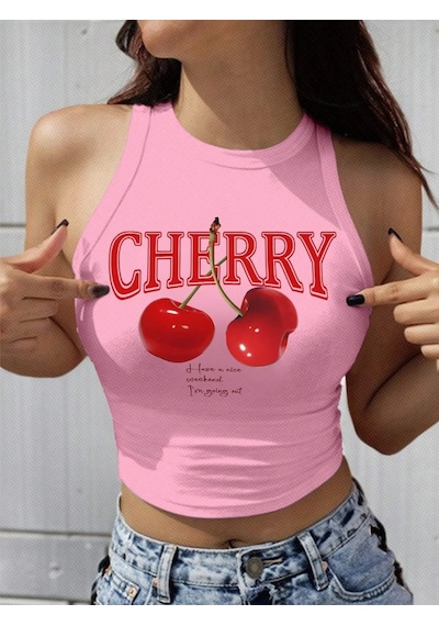 Afri Kadın Pembe "Cherry" Baskılı Kolsuz Crop Atlet - Yazlık Sokak Stili Pembe