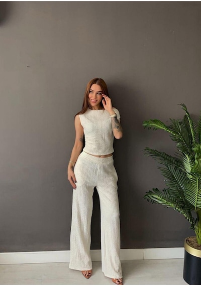 Kadın Waffle Kumaş Kayık Yaka Crop Bluz Pantolon Takım Rahat Şık Yazlık 2 Li Takım Beyaz
