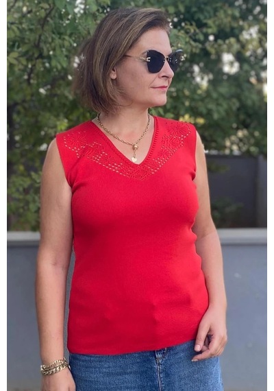 Mia Butik Kadın Lina Kırmızı Merserize Kolsuz Bluz Kırmızı