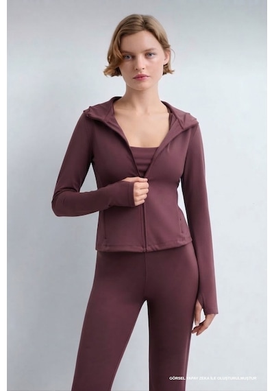 Soft&Basic Fit Yumuşak Dokulu Fermuarlı Kapüşonlu Cepli Parmak Geçirmeli Detaylı Hırka Bordo