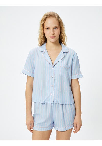Koton Düğmeli Pijama Üstü Kısa Kollu Cep Detaylı Viskon Mavi Çizgili 4slk50062mw Mavi