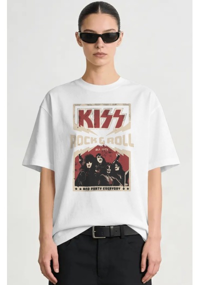 Kiss Rock Metal Müzik Grubu Baskılı Unisex Oversize Premium Tişör Beyaz