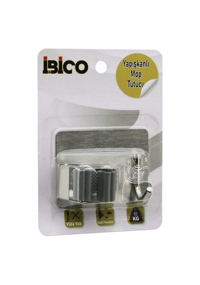 İbico İ13-066 2'si 1 Arada Metal Mop Sap Tutucu Ve Askı Yapışkanlı Montaj, Metal Plaka 10kg- 12'li Paket