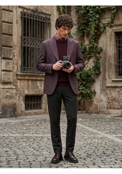 Kip Bordo Desenli Modern Fit Yün Karışımlı Örme Ceket