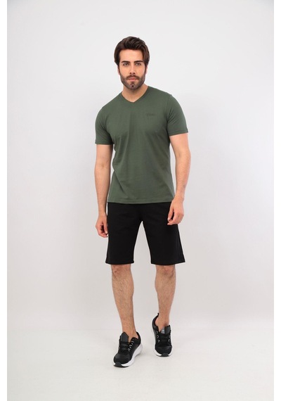 Erkek V Yaka Tshirt Şort Cep Fermuarlı Alt Üst Takım Haki