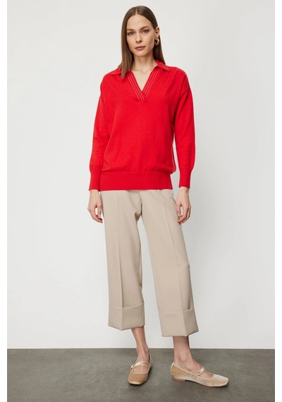 On Fashion Kadın Yakası Zincirli Polo Yaka Kırmızı Kazak 66336 Kırmızı