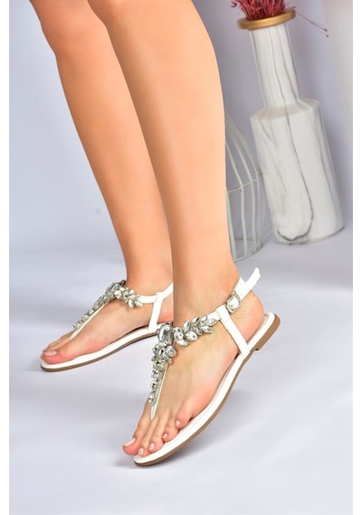 Fox Shoes Beyaz Taşlı Parmak Arası Kadın Sandalet M272006009