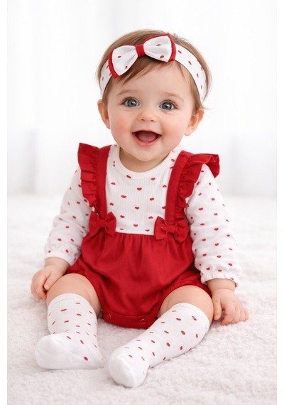 Milays Kız Bebek Bandanalı Çoraplı %100 Pamuk 3 Lü Takım Kırmızı