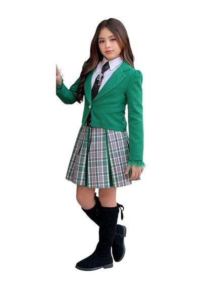 Riccotarz Kız Çocuk Blazer Ceket, Kravat Çizgili Yeşil Etekli Takım Yeşil