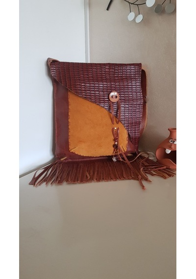 Taba Ve Camel Hakiki Deri El Yapımı Püsküllü Çanta Açık Vizon - Taba