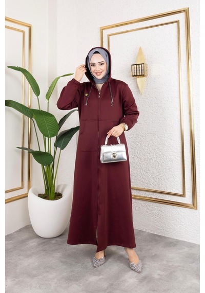 Harman Butik Kadın Cepli Kapüşonlu Zincir Detaylı Scuba Kumaş Kap Bordo Bordo
