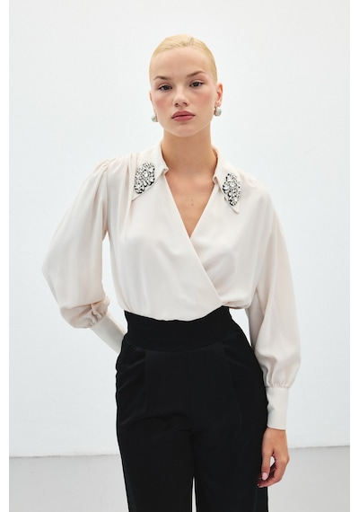 Sateen Aksesuar Detaylı Bodysuit Bluz - Bej-136191 Bej