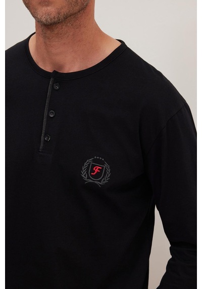 Tudors Erkek Standart Fit %100 Pamuk Bisiklet Yaka Beli Lastikli Siyah Pijama Takımı-37949 Siyah