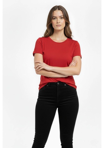 Wear Vexel Kadın Bisiklet Yaka Slim Fit Likralı Tişört - Kırmızı Kırmızı