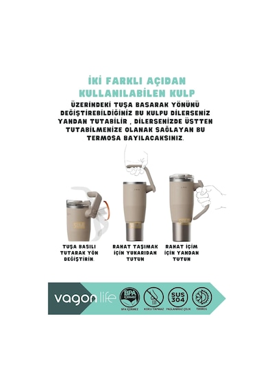 Vagonlife Tumbler 950ml Pipetli/pipetsiz Kullanım Fonksiyonel Kulplu Paslanmaz Çelik Termos Açık Mavi Diğer
