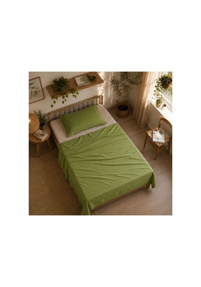 Tek Kişilik Lastiksiz Çarşaf Seti %100 Pamuk 160x240 Cm Yastık Kılıfı Dahil Mor Fıstık Yeşili