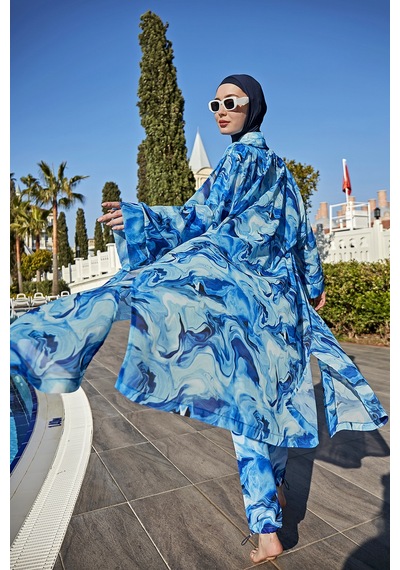 Remsa Mayo Remsa Tesettür Mayo Üzerine Tek Kaftan Kimono Pareo Rp010 Nil Mavi