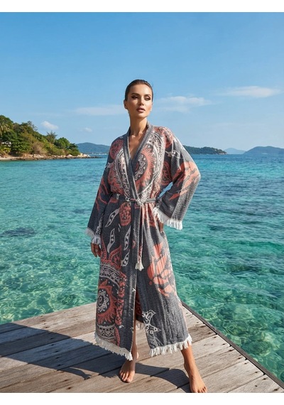 Brandsmiths Grey- Orange Mandala Kimono Sarı