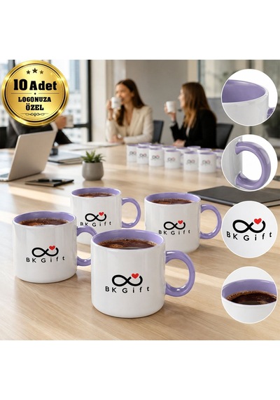 Logonuza Özel 10 Adet Porselen Lila Motto Fincan - 150 Ml Kurumsal Kahve Kupası Mor