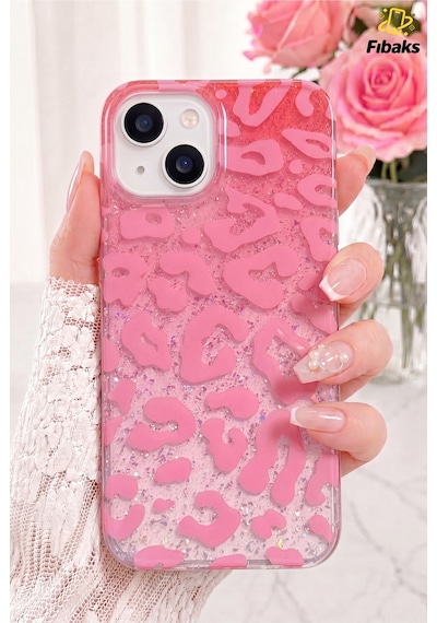 Fibaks iPhone 13/14/15 Uyumlu Kılıf Işıltılı Şeffaf Simli Pembe Leopar Desenli Premium Kamera Korumalı Silikon