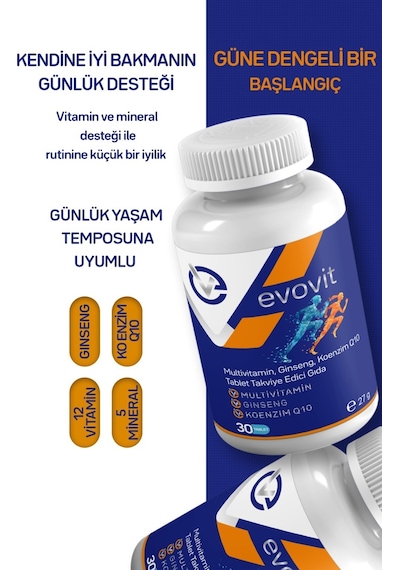 Evo Pharma Evovit Multivitamin Ginseng Koenzim Q10 Takviye Edici Gıda 30 Tablet